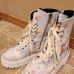 Sugar Thrillz Angel Print Lace-Up Combat Boots